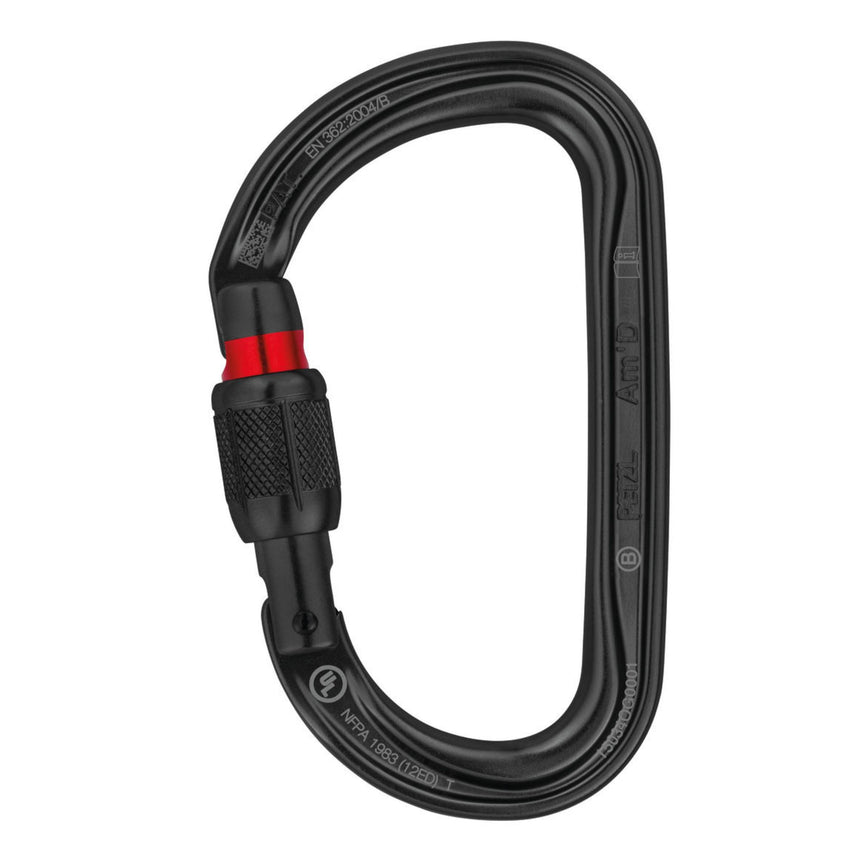 Petzl AmD Screw Lock Carabiner in Black showing locking indicator in red