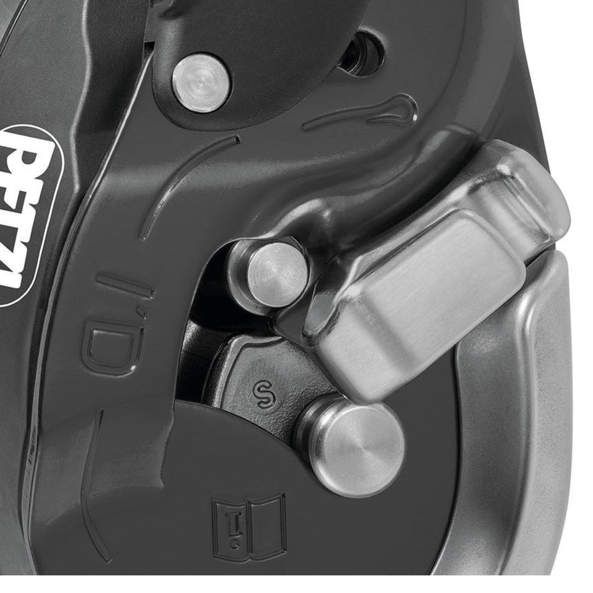 Petzl Auxiliary open brake may be used to increase the friction in accordance with the weight of the load and the diameter of the rope, or to release the rope at any time.
