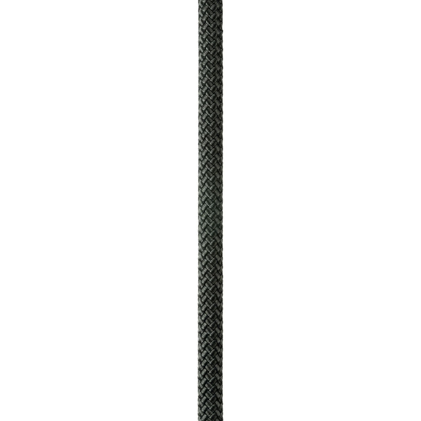 Close up of black Petzl Axis 11 mm low stretch kernmantel rope, designed for work at height