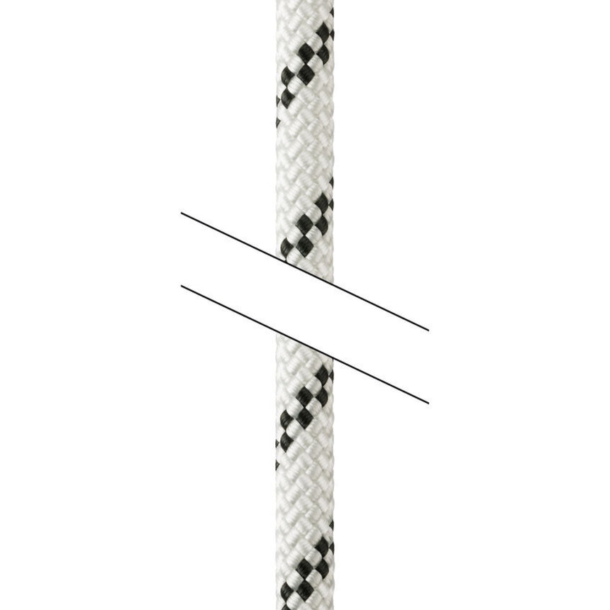 Close up of white Petzl Axis 11 mm low stretch kernmantel rope, designed for work at height showing it is possible to order a rope of a specified length.