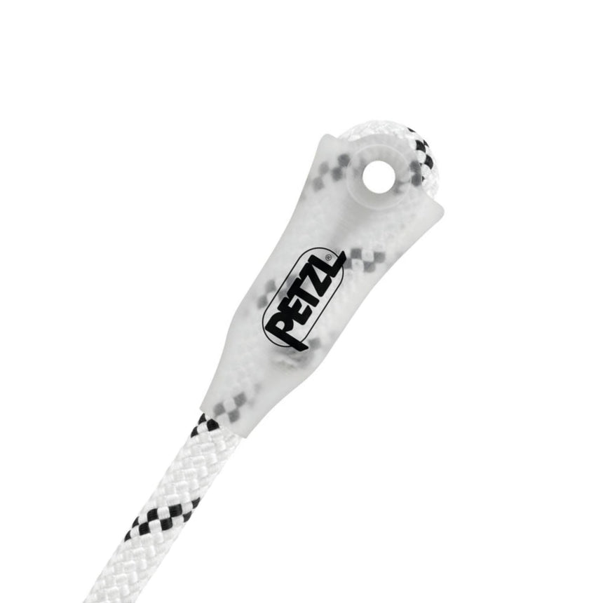 Petzl Axis 11 mm Rope showing the addition of sewn terminations manufactured on one or both ends provides a ready-to-use rope. These terminations have a protective sheath that keeps the connector in position and facilitates handling.