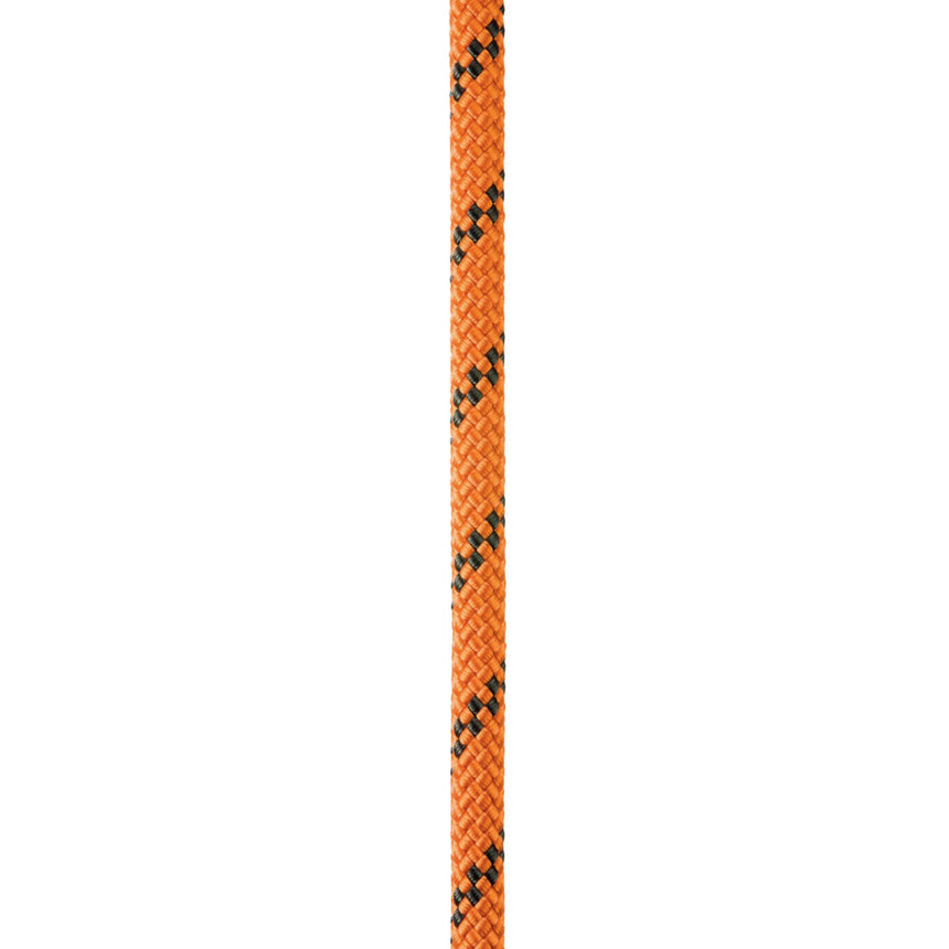 Close up of orange Petzl Axis 11 mm low stretch kernmantel rope, designed for work at height