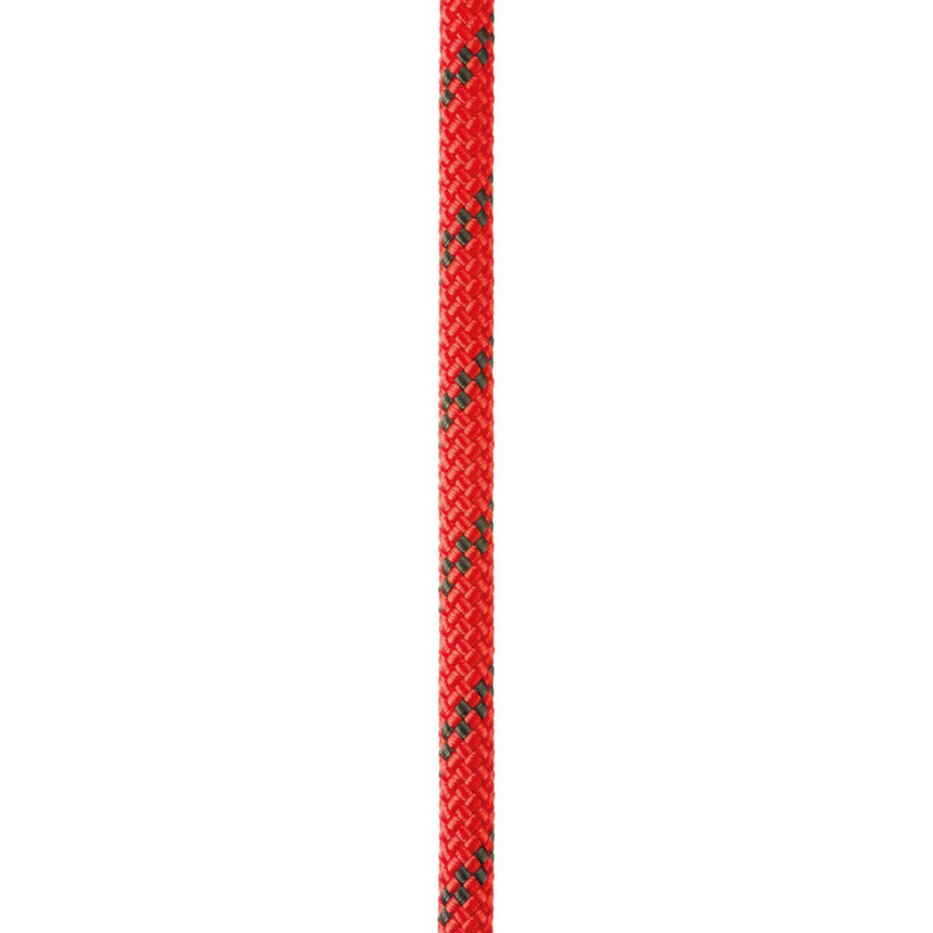 Close up of red Petzl Axis 11 mm low stretch kernmantel rope, designed for work at height