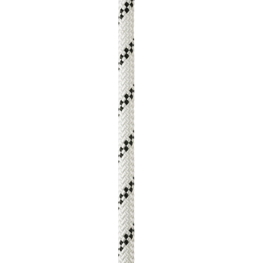 Close up of white Petzl Axis 11 mm low stretch kernmantel rope, designed for work at height