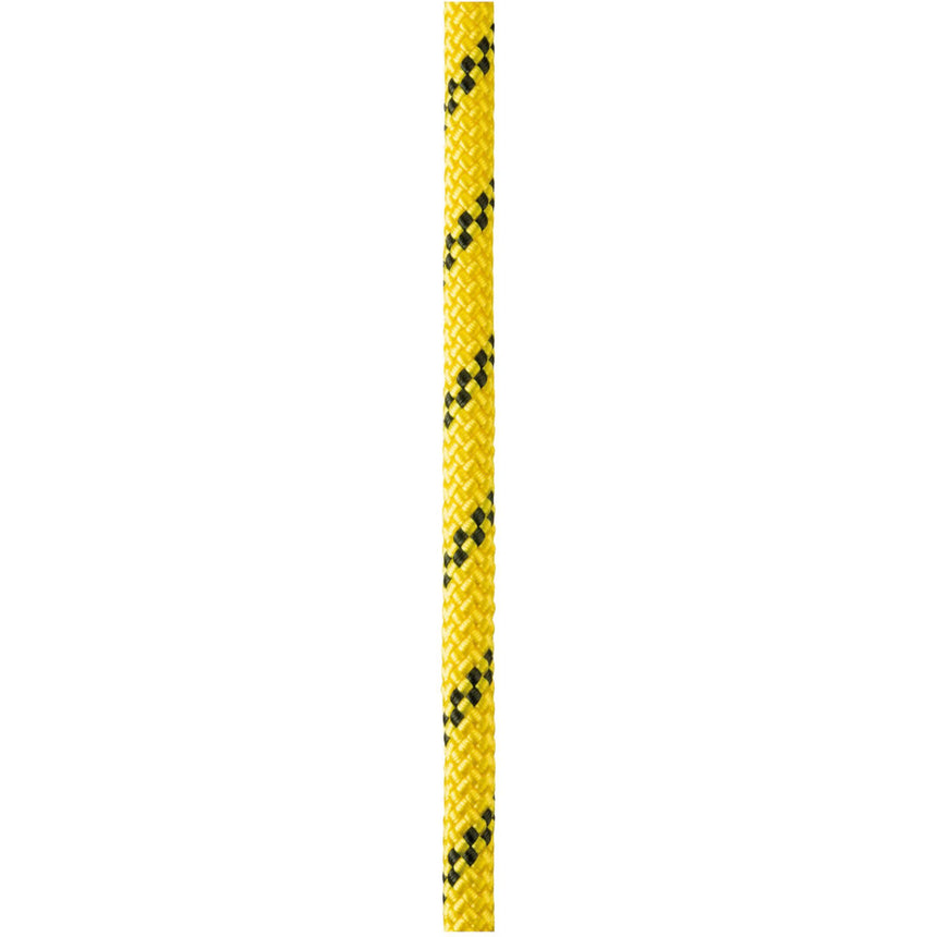 Close up of yellow Petzl Axis 11 mm low stretch kernmantel rope, designed for work at height