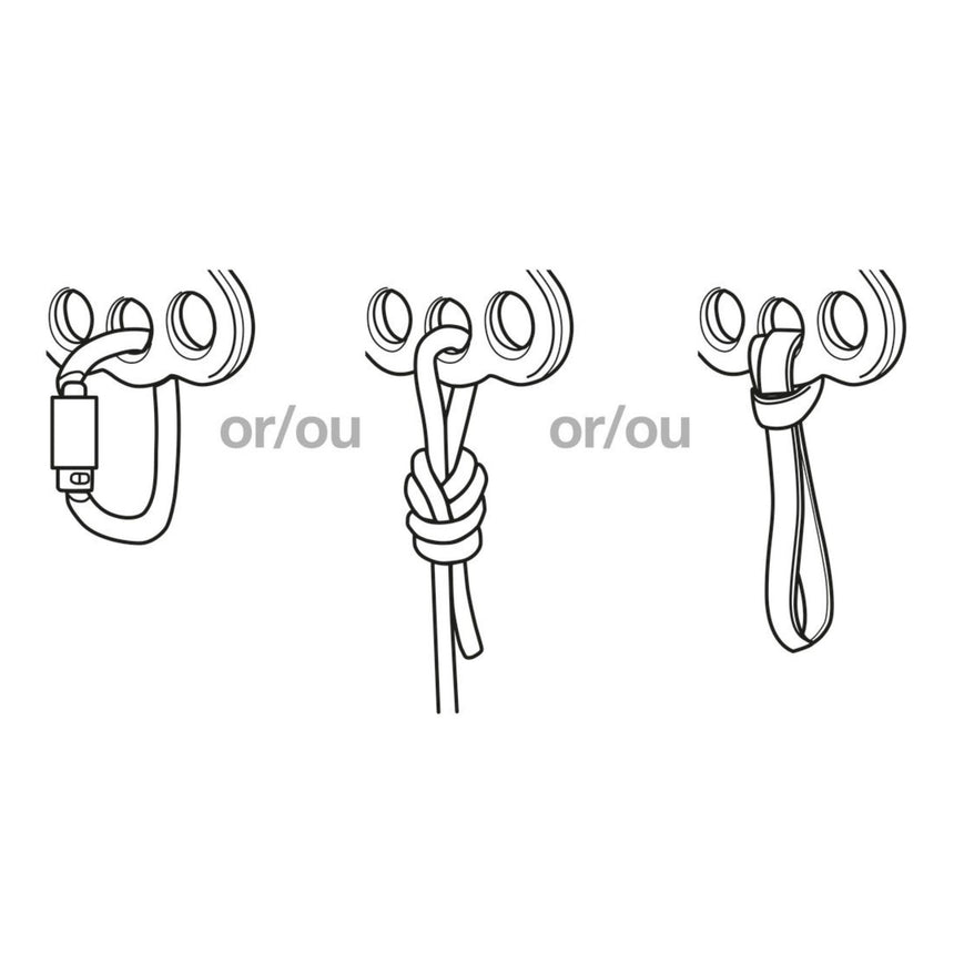 Petzl Reeve Carriage Pulley Closeup Illustrations of various applications of use with a carabiner, rope or lanyard. Multiple configurations and connections are possible.