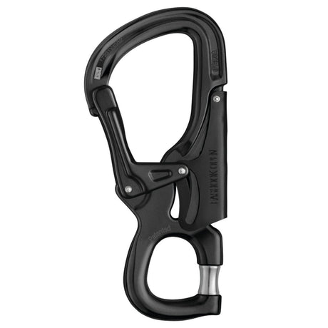 Petzl Black Eashook Open Carabiner with gated connection point for double lanyard and work positioning lanyard