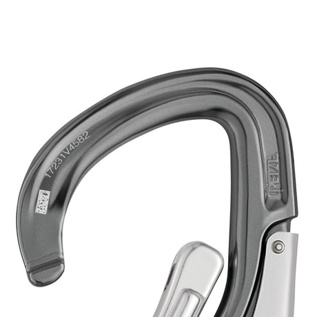 Close up of open Petzl Grey Eashook Open Carabiner with gated connection point for double lanyard and work positioning lanyard. The Eashook Carabiners use the Keylock system: the body/gate interface does not have a hook that could snag on anchors, ropes, harness equipment loops...