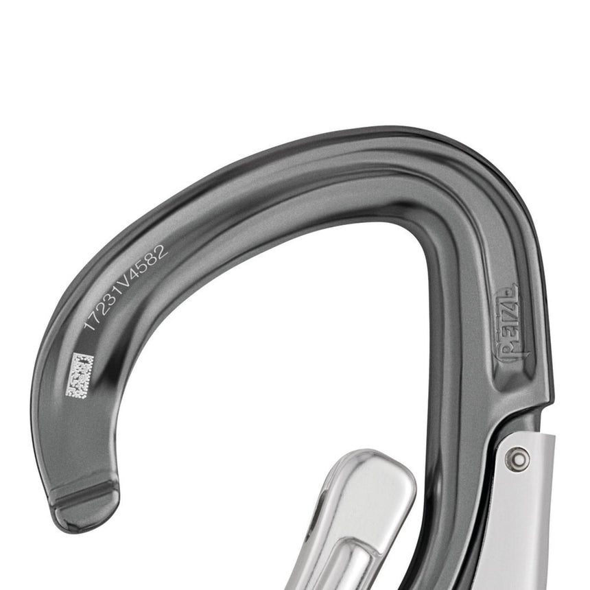 Close up of open Petzl Grey Eashook Open Carabiner with gated connection point for double lanyard and work positioning lanyard. The Eashook Carabiners use the Keylock system: the body/gate interface does not have a hook that could snag on anchors, ropes, harness equipment loops...