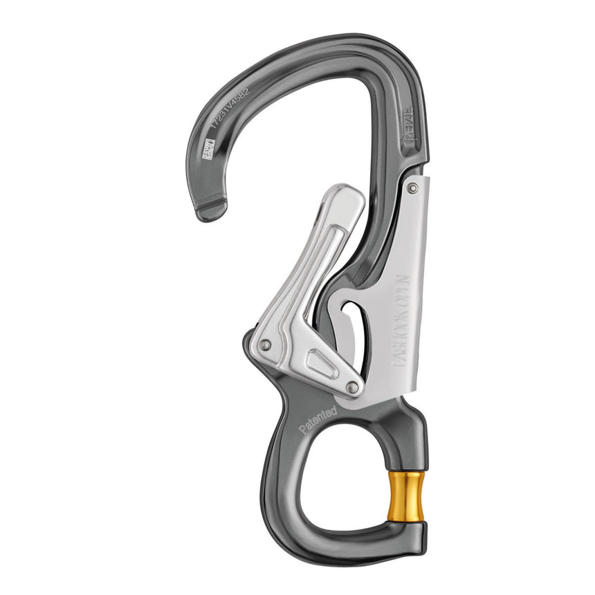 Open Petzl Grey Eashook Open Carabiner with gated connection point for double lanyard and work positioning lanyard