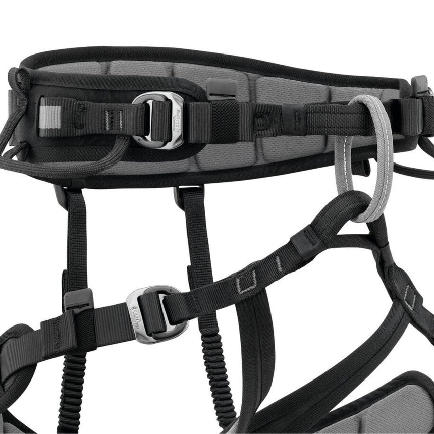 Close up of Petzl Falcon Mountain Rescue Harness showing Waistbelt and leg loops equipped with small self-locking Doubleback buckles for quick and easy adjustment.