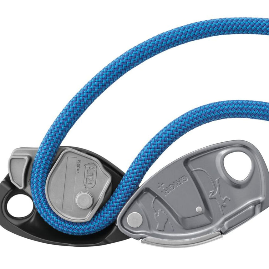Blue rope installed on Petzl Grigri Plus Belay Device