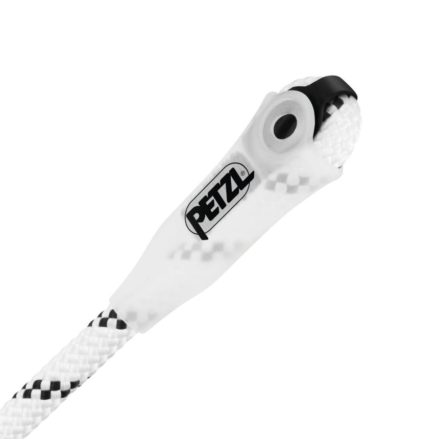 Close up of Petzl Grillon Lanyard sewn termination (which is on both ends), with plastic sheath to keep the connector in position and protect the rope from abrasion.