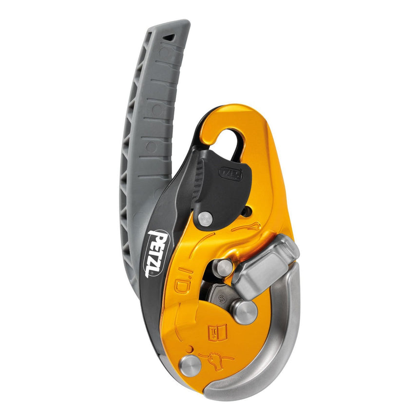 Yellow Petzl ID EVAC Self-braking descender with anti-panic function for lowering from an anchor