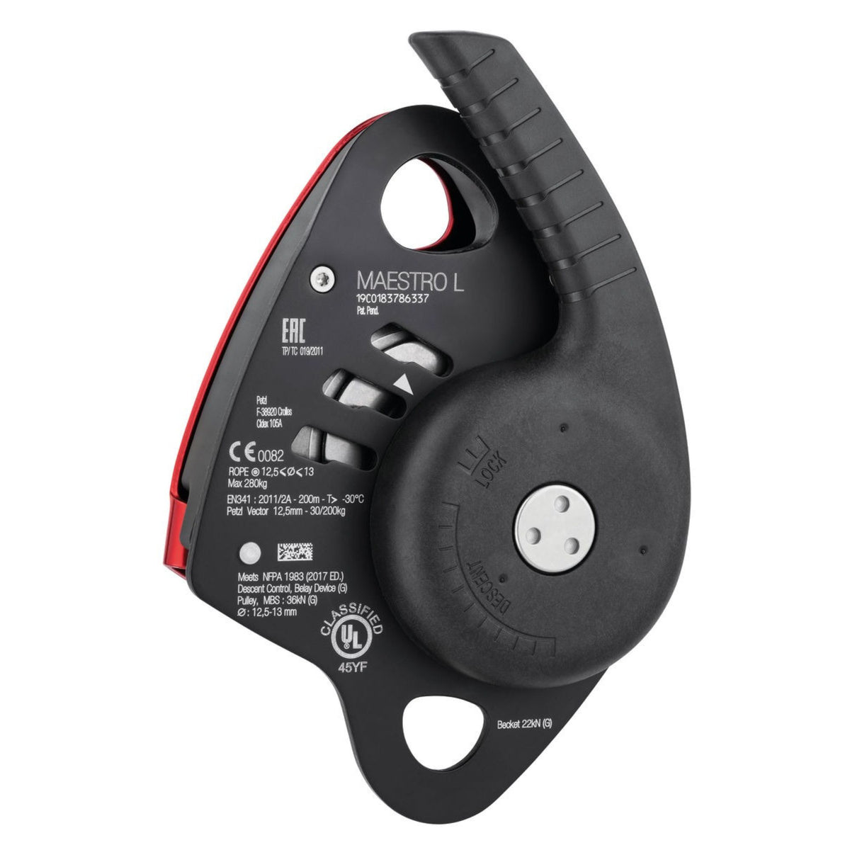 Back of Red Petzl Maestro L Descender