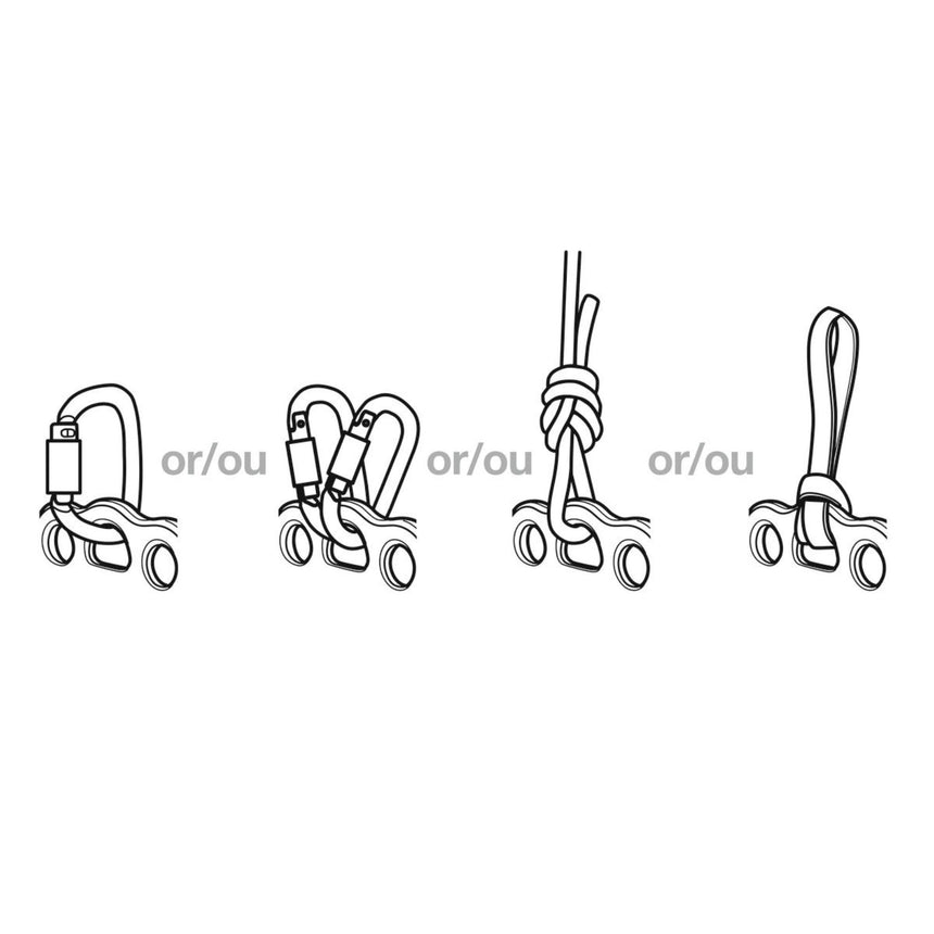 Illustration showing the hole design with ropes, carabiners or slings threaded for direct connection.