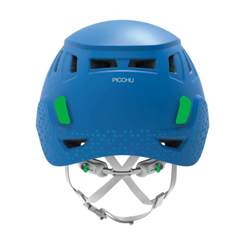 Back view of picchu blue children's helmet showing side openings which provide good ventilation