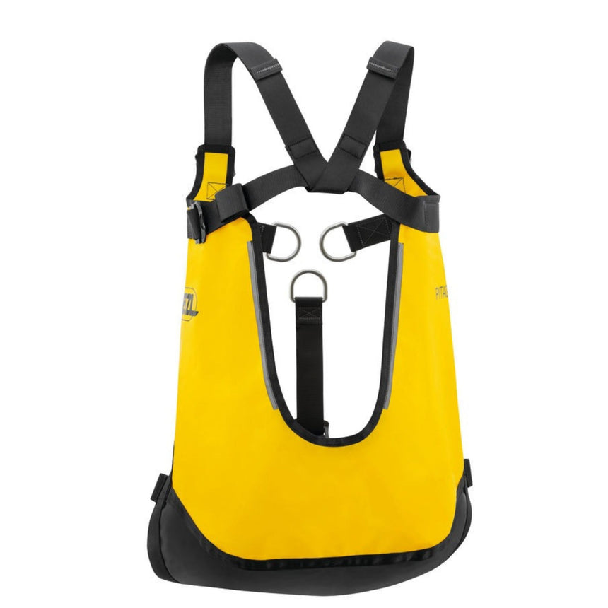 Putting on the Petzl Pitagor evacuation triangle is made easier with colour-coded back and seat.