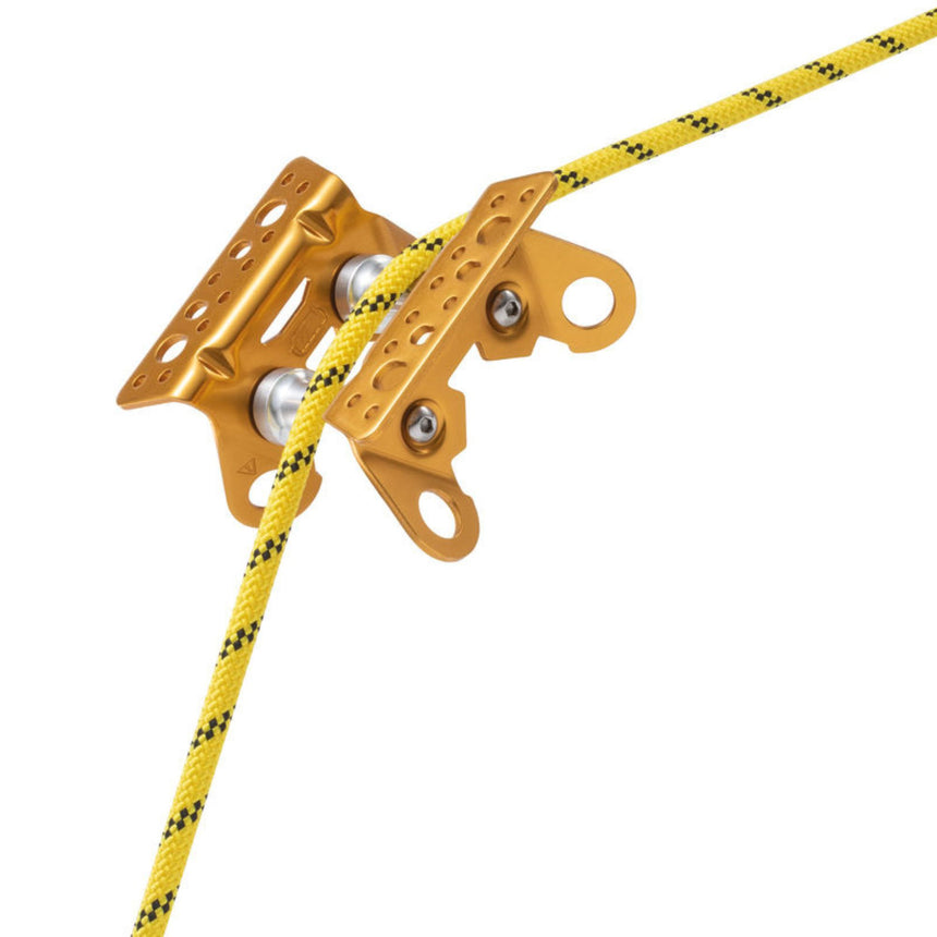 Petzl Roller Coaster angled face with allows the reversible rope protector to be installed on a I-beam, square edge, or guardrail.