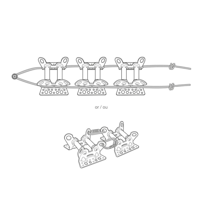 Petzl Roller Coaster illustration showing it's possible to connect multiple modules with links, carabiners, or even cord, to better adapt to the terrain.