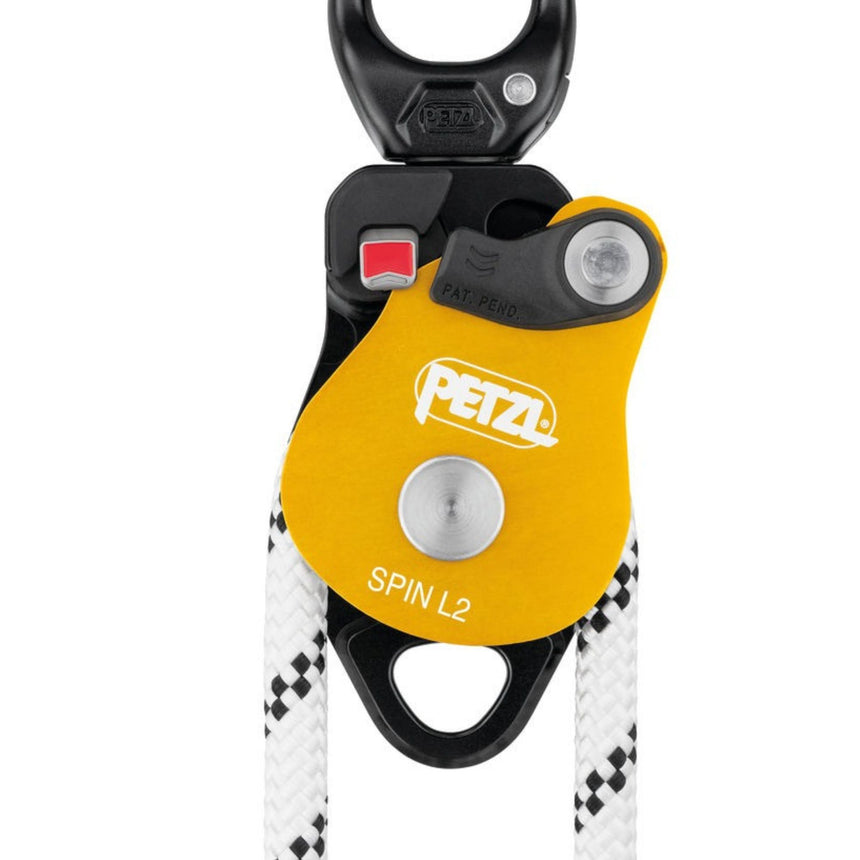 Petzl Spin L2 Double Pulley highlighting the red mark provides a visual warning when the moving side plate is unlocked.