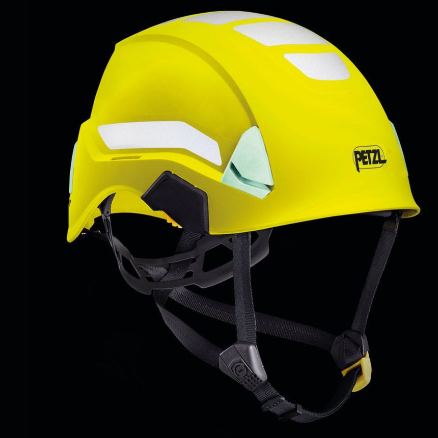 Petzl Strato Hi-Viz Helmet fluorescent outer shell with phosphorescent clips and reflective bands, providing optimal visibility of the worker, day or night.
