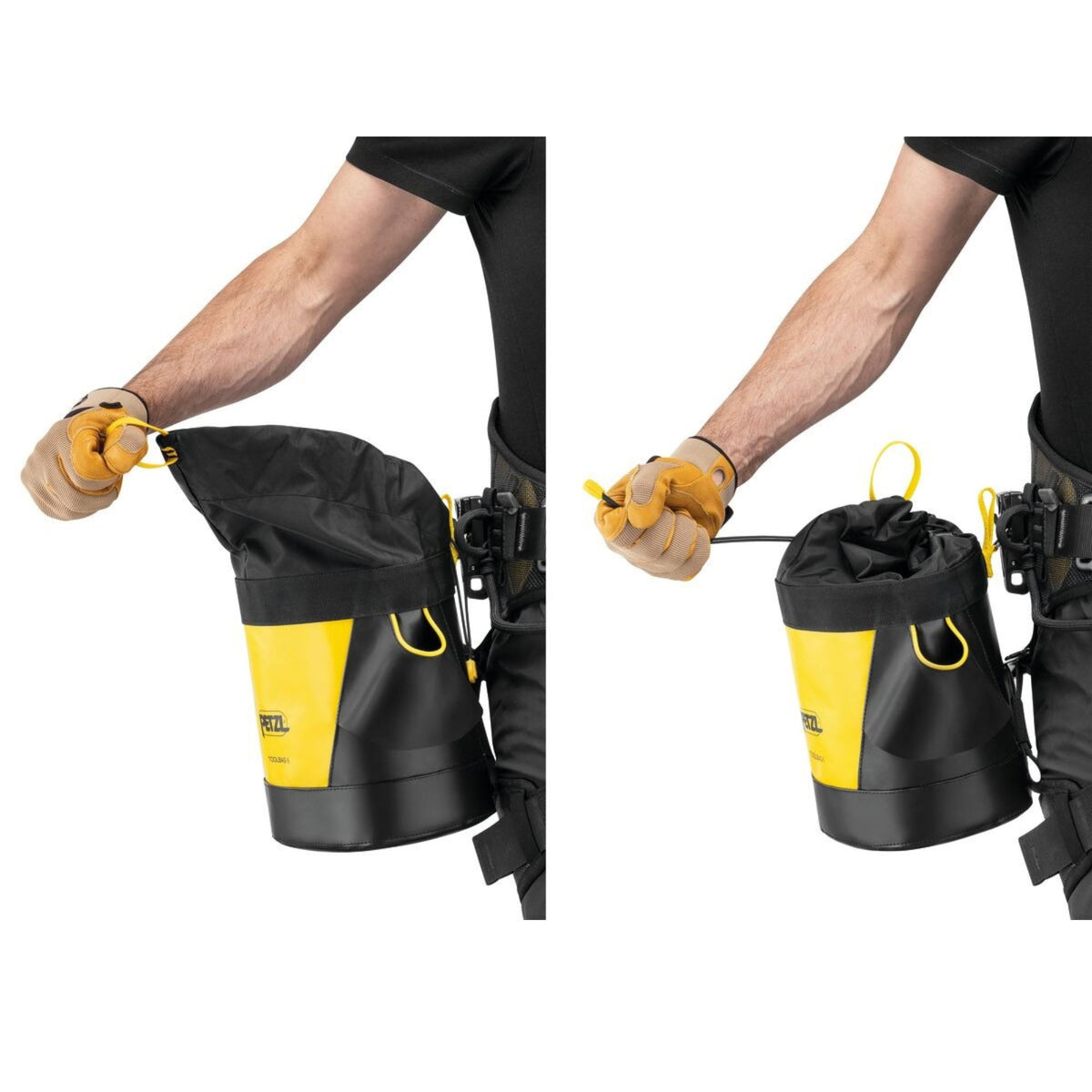 Professional demonstrating the quick and easy opening and closure system of the petzl toolbqg 6 tool pouch with one hand