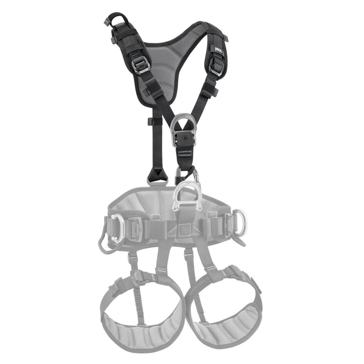 Front of Black and Yellow Petzl Top Chest Harness attached to Seat Harness