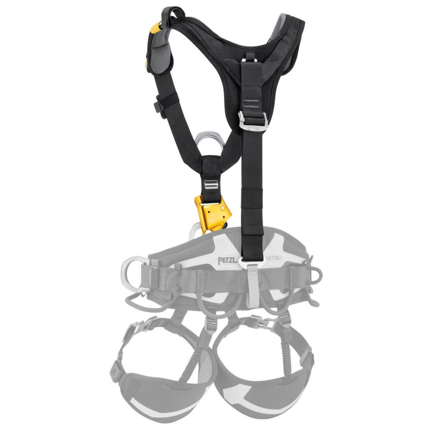 Back of Petzl TOP CROLL L Rope Access Chest Harness showing attachment to a Astro seat harness