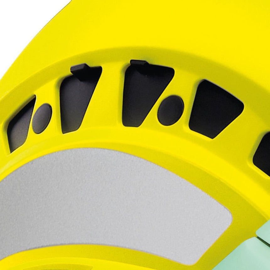 Petzl Vertex Vent Hi Viz Helmet ventilation holes with sliding shutters to allow the ventilation to be adjusted as needed