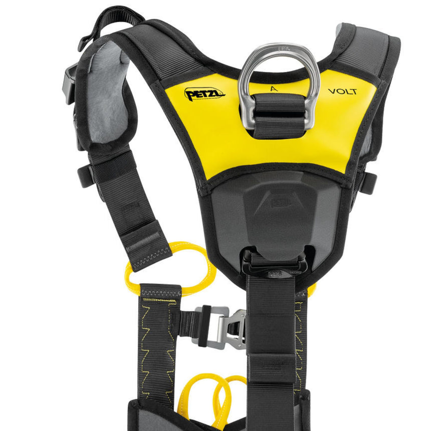 Close up feature of the Petzl Volt Wind (European Version) Harness dorsal wear protectors, to reduce wear on the straps when moving about inside a wind turbine tower.