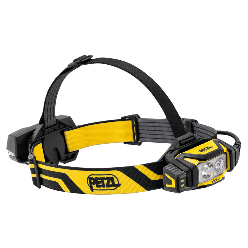 Powerful and lightweight, Petzl XENA Head Torch Light side view casts 1400 lumens at 185 grams. The battery is worn in the rear for a more balanced and comfortable fit. Headbands are easy to detach and wash.