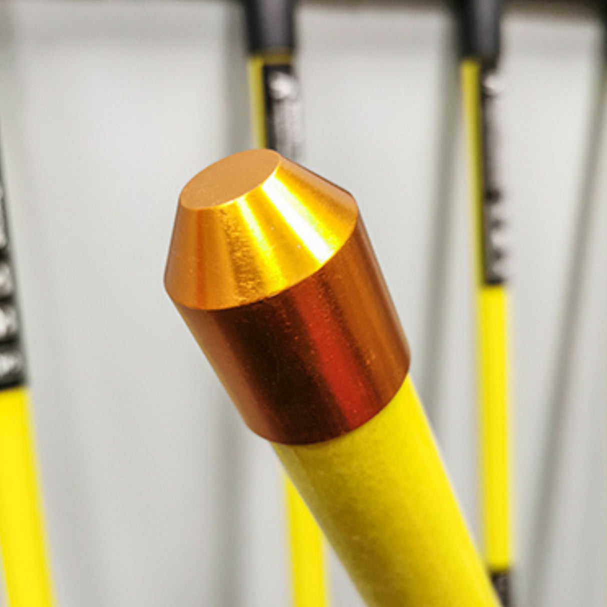 Close-up view of the customised domed metal end cap of the Reach and Rescue search pole, designed to part vegetation and wipe clean easily after use
