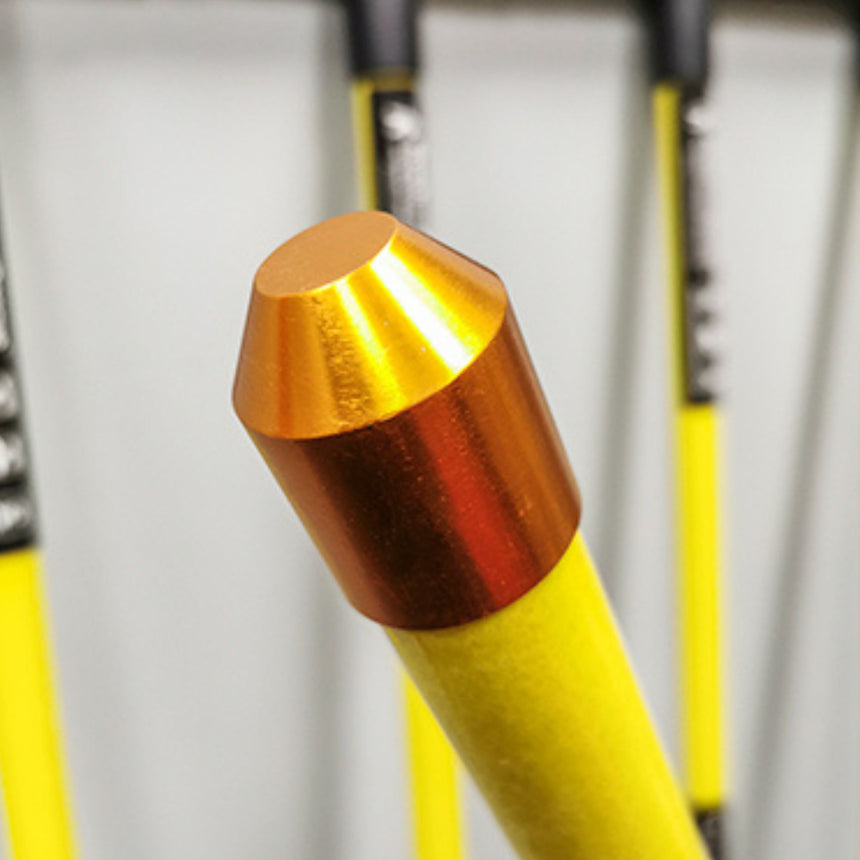 Close-up view of the customised domed metal end cap of the Reach and Rescue search pole, designed to part vegetation and wipe clean easily after use