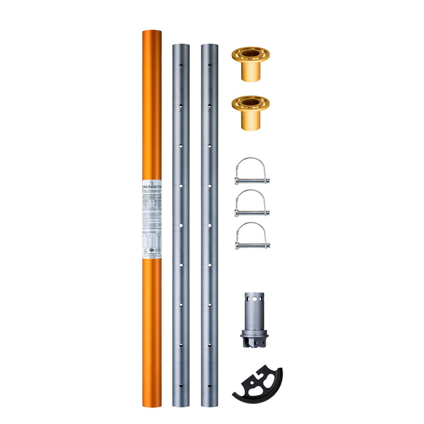 SMC TerrAdaptor Gin Pole System kit including orange and grey aluminium tubes gold rigging components, and U-bolts, modular foot adaptor and rocker foot for single-leg monopod configurations