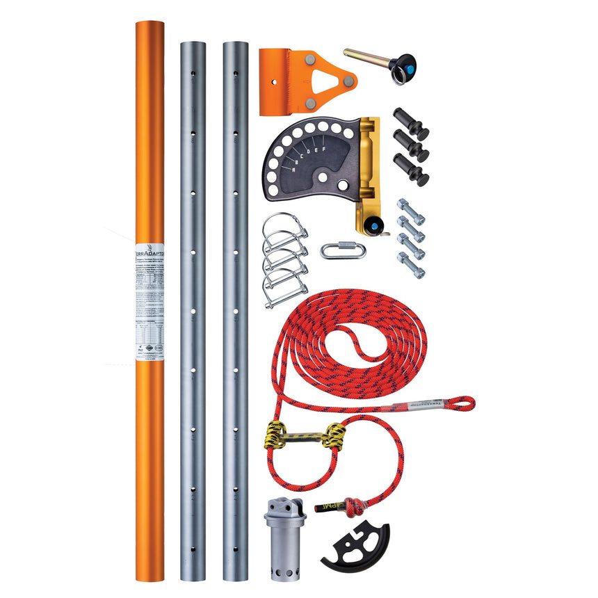 SMC TerrAdaptor Quadpod System kit, featuring aluminium legs, orange head assembly, black rigging plates, red rope, pins, and bolts for versatile rescue setups.