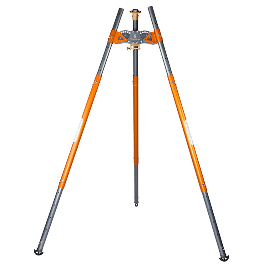 SMC TerrAdaptor Portable Anchor System shown fully assembled in tripod configuration with adjustable legs and rigging instructions printed on the tube