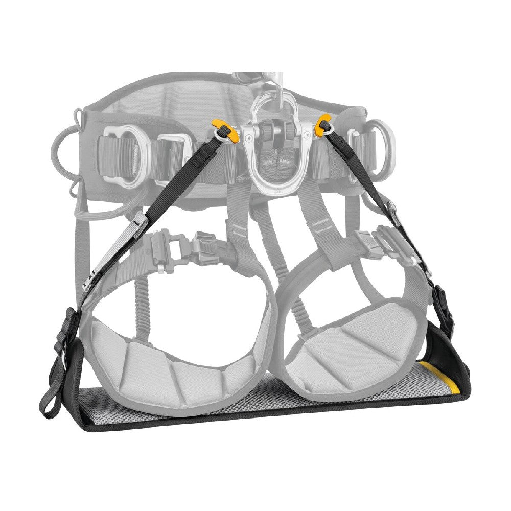 Petzl Litepod Compact work seat can be connected to the harness with T-BARs, which can be attached directly to the shackles, or with connectors or accessory carabiners such as the MINO