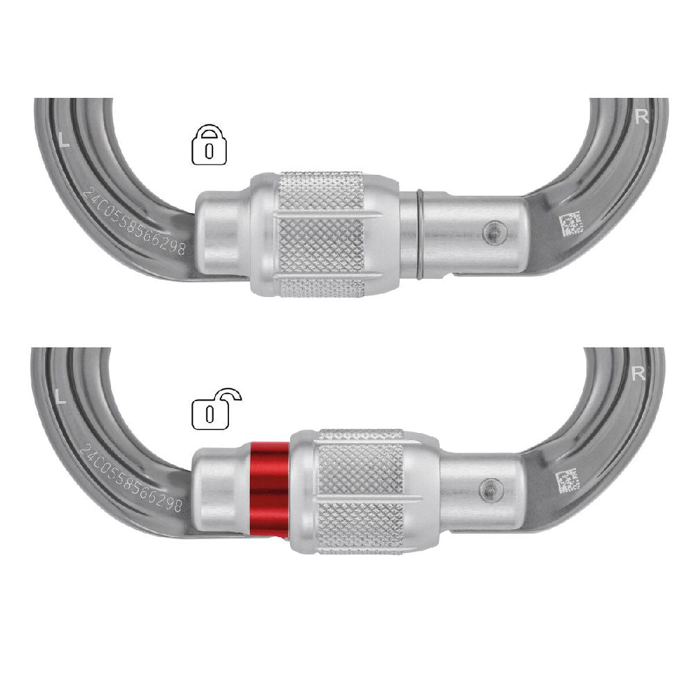 Petzl Omni Screw-Lock has a red visual indicator that allows the user to quickly see when the carabiner is unlocked.
