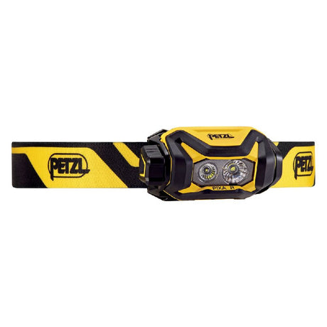 Yellow and black Petzl Pixa R headlamp with Petzl logo on a white background