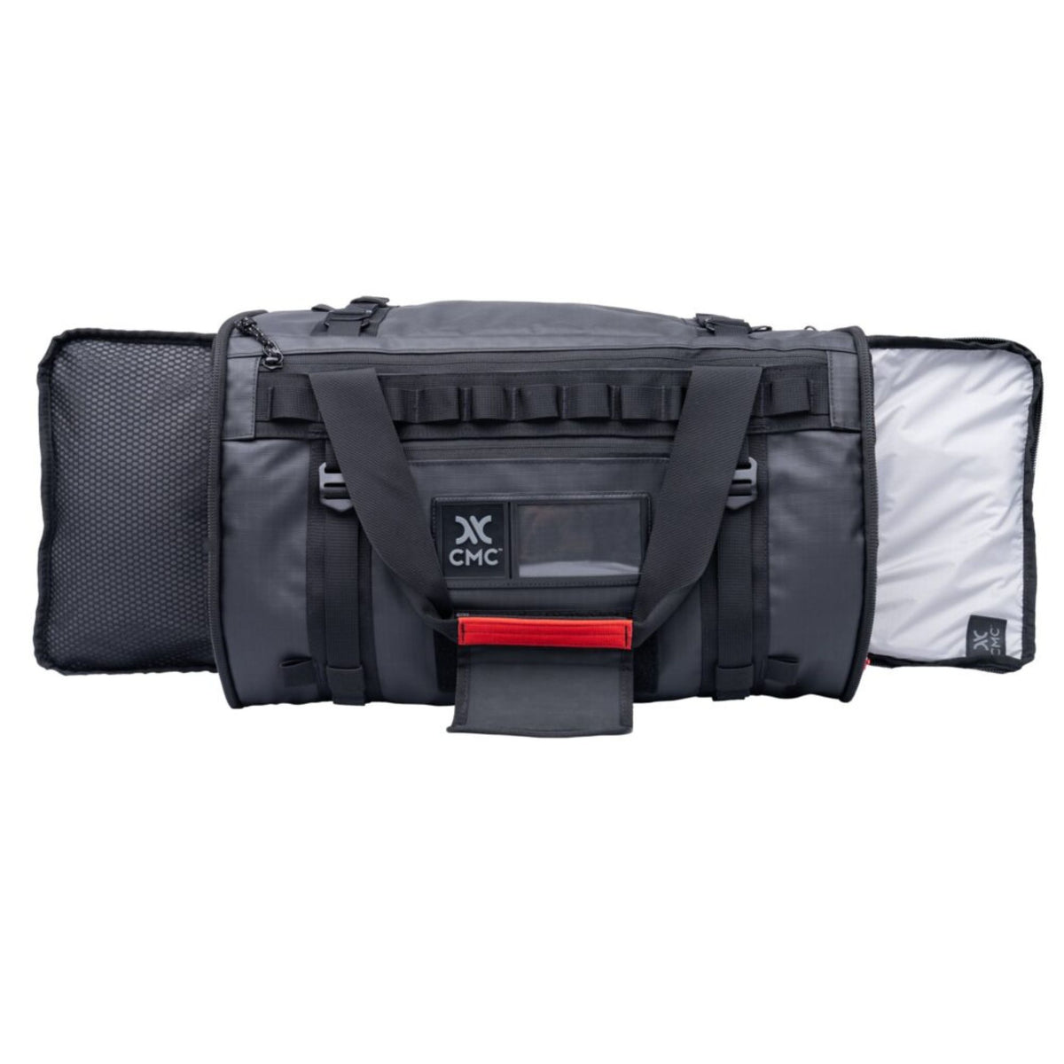 CMC Lotus Tech Back Pack unzipped and open at both sides showing outside with handles straps, zips, pockets and loops