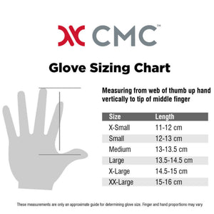 CMC Rappel Riggers Gloves Sizing Chart for x-small, small, medium, large, XL, and XLL 