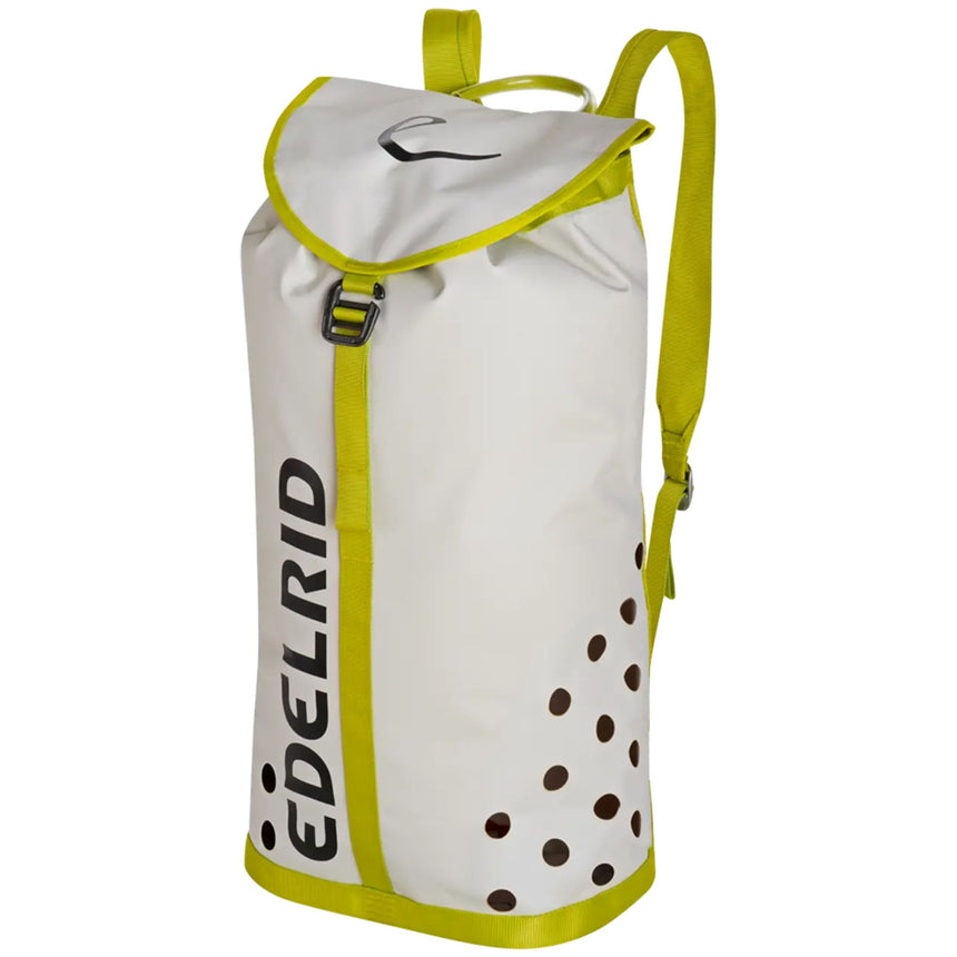 Edelrid Canyoneer & Equipment Rope Bag 45 litre at a side angle showing shoulder straps, front opening and drainage holes for water and Edelrid logo