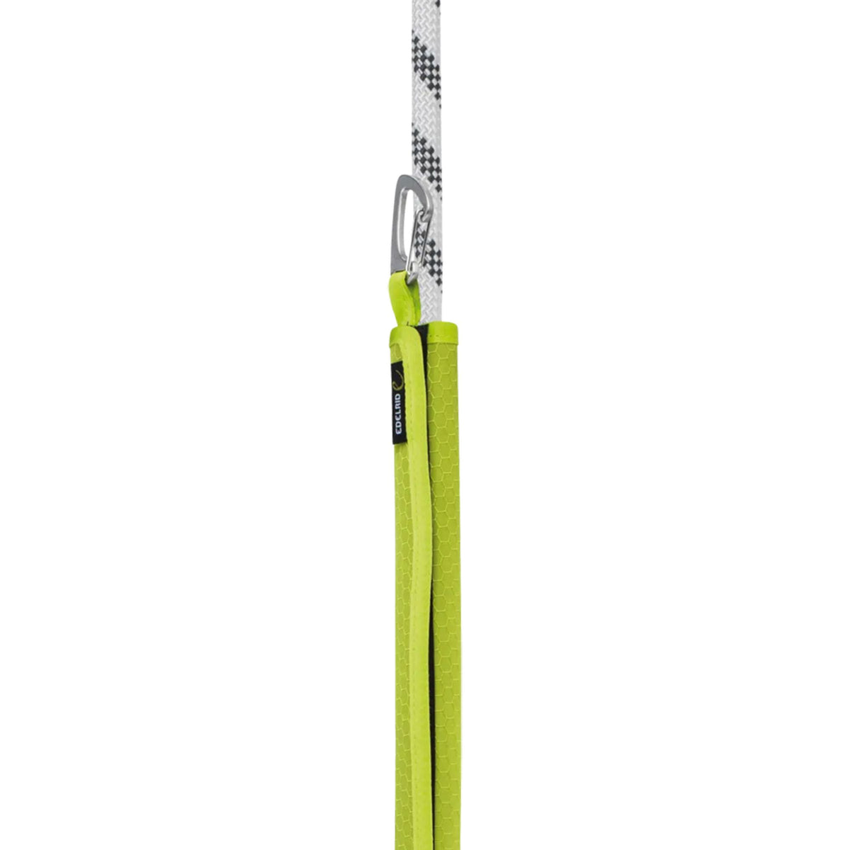 Edelrid Rope Protector on a rope showing velcro fastening and loop with a carabiner attached