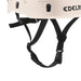 White Edelrid Ultralight Junior Helmet closeup of fully adjustable, replaceable, and washable head and chin strap for optimum fit