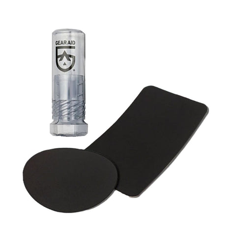 Gear Aid GORE-TEX patch kit contains two adhesive-backed fabric repair tape. Fabric tape Patches are seen in two sizes (7.6 cm round and 10 x 5 cm rectangle patches) with storage container
