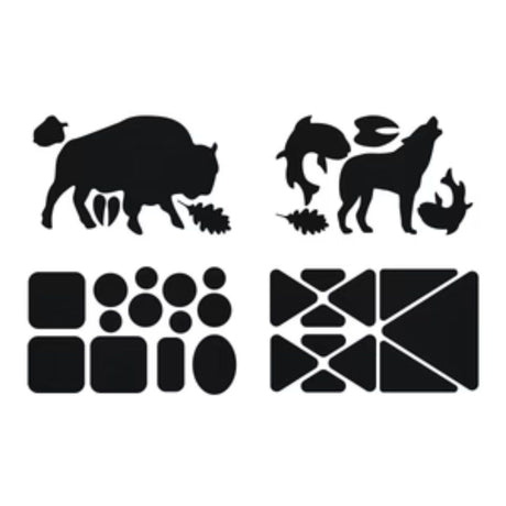 Gear Aid Tenacious Tape Gear Patches on a strip showing  a selection of pre-cut shapes (squares, circles, triangles animals, and leaves)of various sized nylon fabric repair patches to mend holes and personalise clothes and equipment