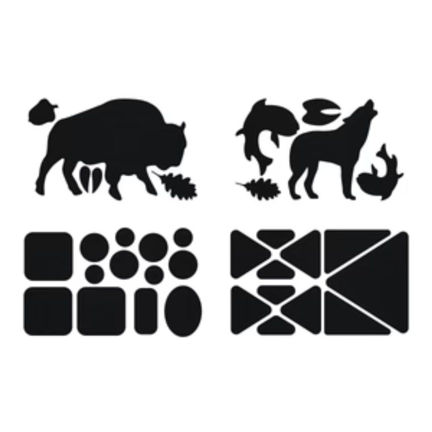 Gear Aid Tenacious Tape Gear Patches on a strip showing  a selection of pre-cut shapes (squares, circles, triangles animals, and leaves)of various sized nylon fabric repair patches to mend holes and personalise clothes and equipment