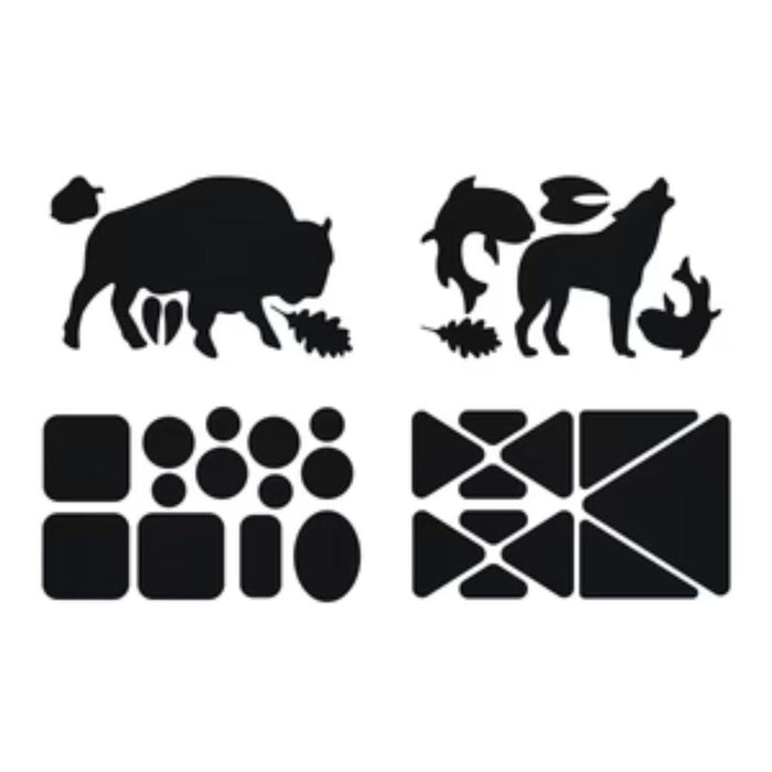 Gear Aid Tenacious Tape Gear Patches on a strip showing  a selection of pre-cut shapes (squares, circles, triangles animals, and leaves)of various sized nylon fabric repair patches to mend holes and personalise clothes and equipment