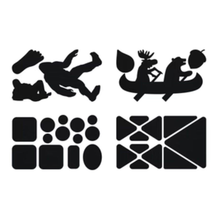 Gear Aid Tenacious Tape Gear Patches on a strip showing  a selection of pre-cut shapes (squares, circles, triangles   animals etc )of various sized nylon fabric repair patches to mend holes and personalise clothes and equipment